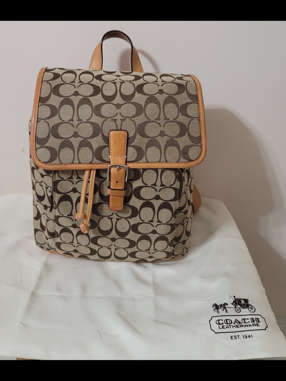 Classic Coach Signature Khaki and Vachetta Canvas Women's Backpack Purse